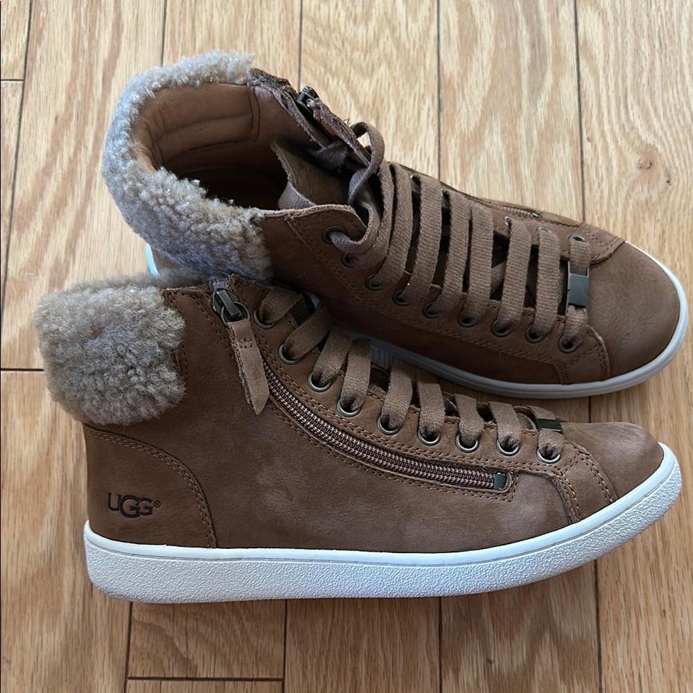 UGG Cozy Brown High-Top Sneakers with Fur Trim